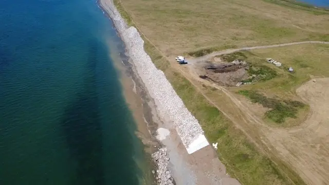 Aerial view of the completed South Walney coastal defence