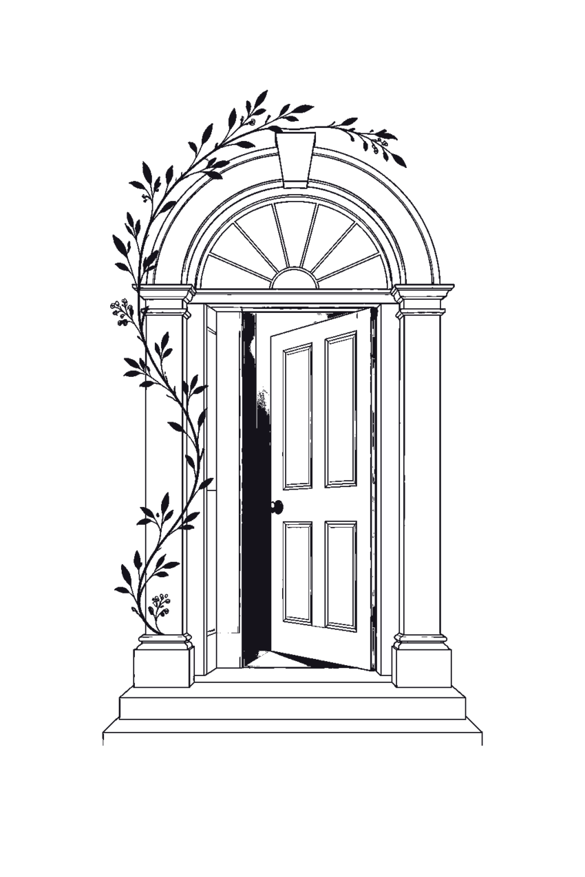 A line-drawn grand front door standing ajar with warm light beyond